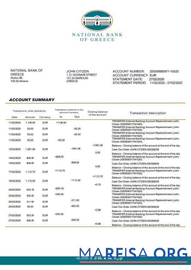 Downloadable Greece National Bank of Greece bank statement word example